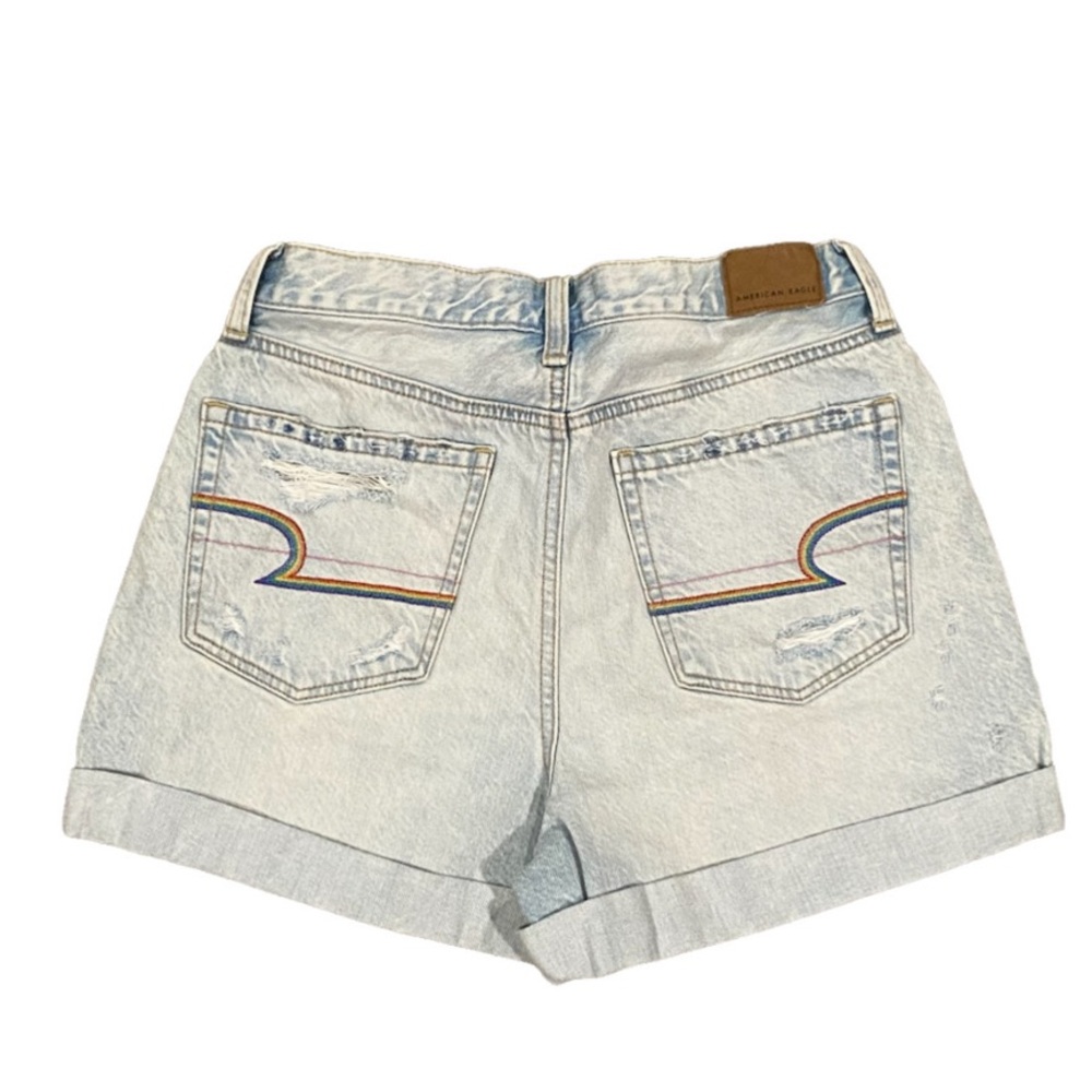 American Eagle Mom Jean Shorts Women's 2 Light Wash Hi Rise Rainbow Embroidery